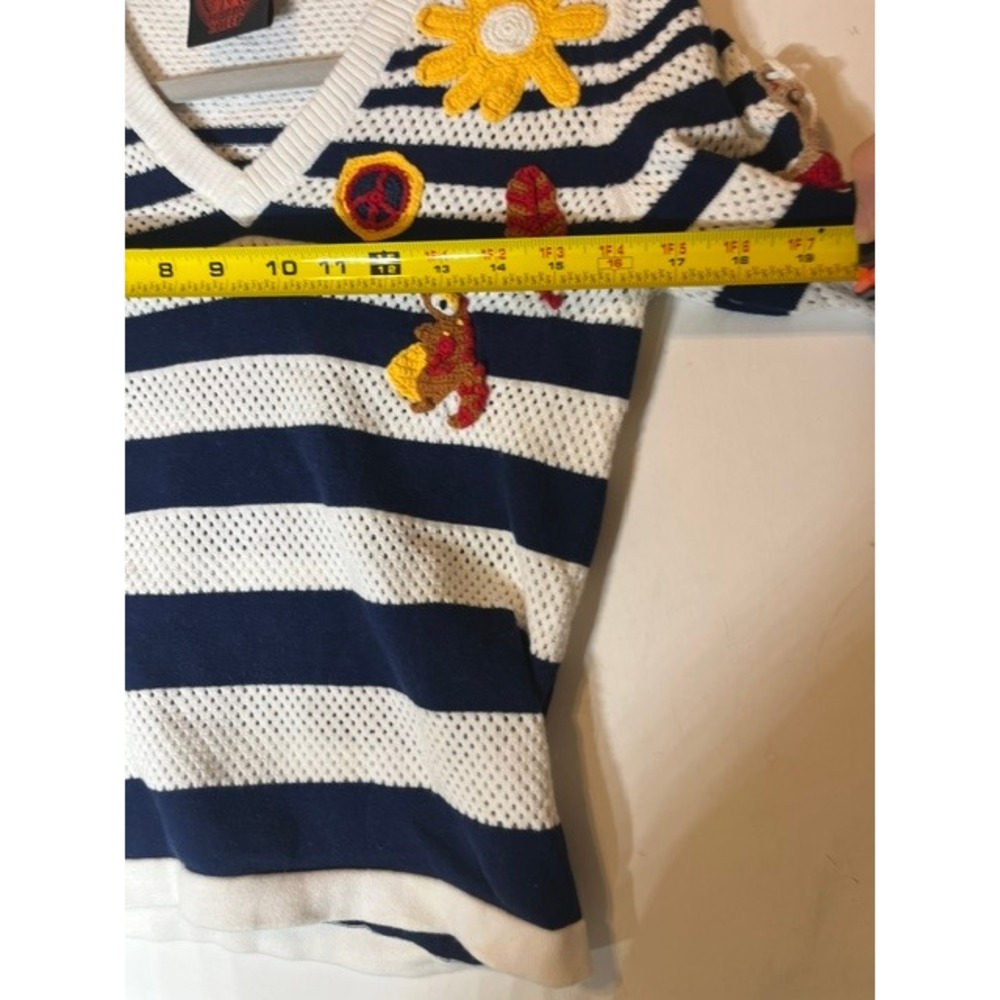 Happy Sheep Women Navy White Striped Cotton Mesh Sweater Crochet Patches Small - Picture 4 of 7